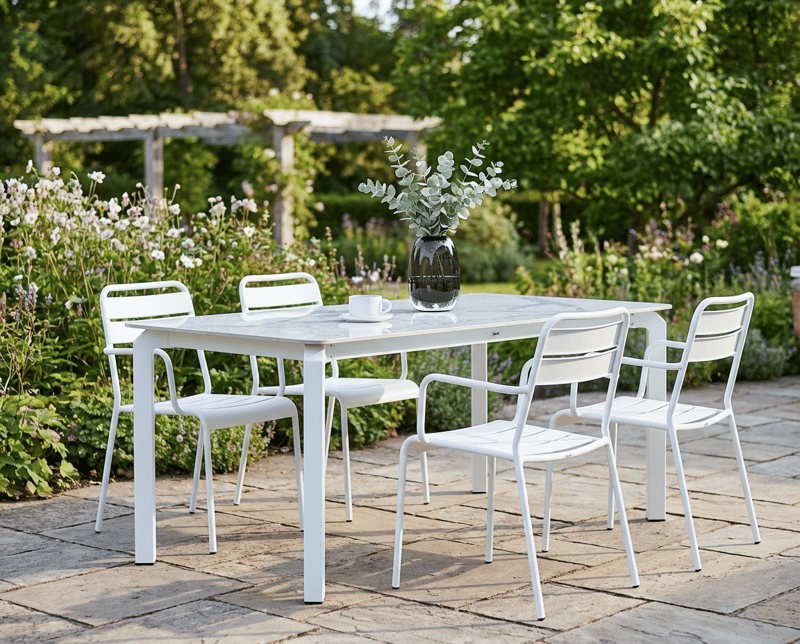 Ruokapöytä ulos Feletto 90x180 cm Kivi Valkoinen - Valkoinen - Puutarhakalusteet - Terassipöydät - Ruokapöytä terassille