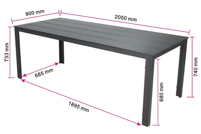 Tunis Ulkoruokapöytä 205x90 cm Suorakulmainen - Musta - Puutarhakalusteet - Terassipöydät - Ruokapöytä terassille