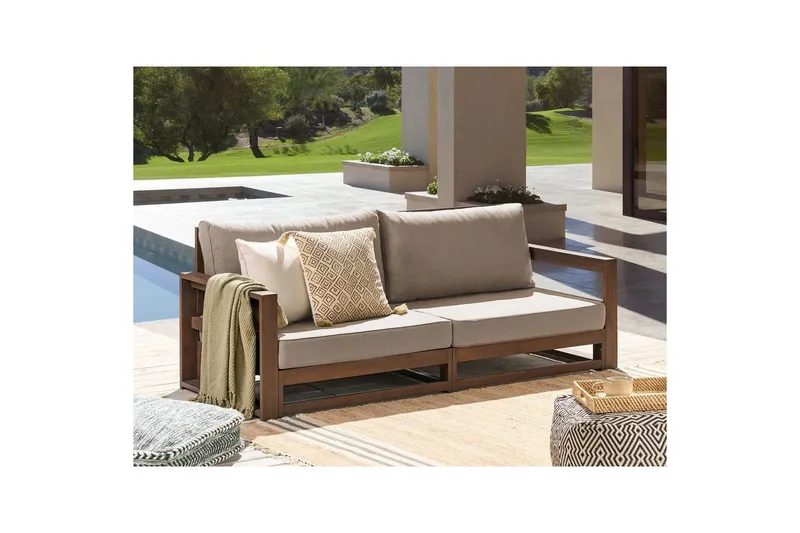 2-sitssoffa Beliani Timor Ljus trä/grått/beige, Ja Dark wood||Grey||Beige - Puutarhakalusteet - Terassiryhmät - Terassisohvat