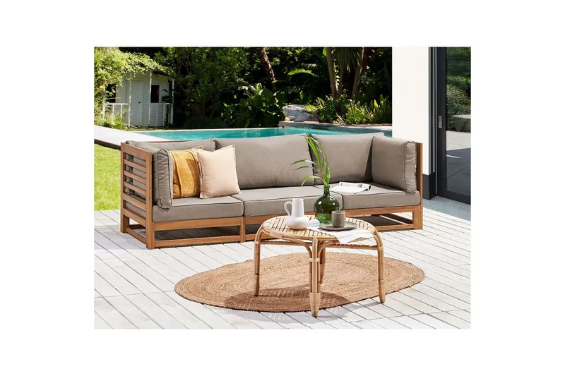 3-sitssoffa Beliani Trani Ljus trä/grått/beige, Ja Light wood||Grey||Beige - Puutarhakalusteet - Terassiryhmät - Terassisohvat