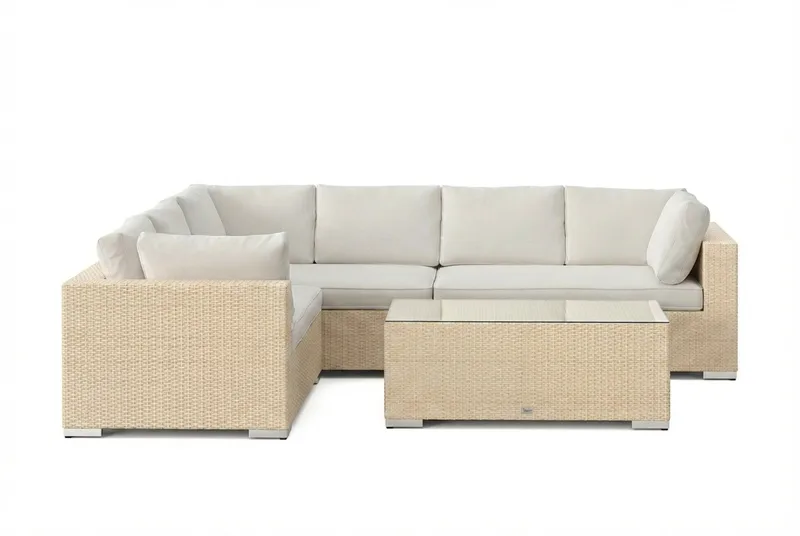 Bahamas L-muotoinen ulkosohva oikea, 6-hengen, pöytä - Hiekka - Puutarhakalusteet - Terassiryhmät - Oleskeluryhmät