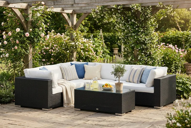 Bahamas L-muotoinen ulkosohva oikea, 6-hengen, pöytä - Musta - Puutarhakalusteet - Terassiryhmät - Oleskeluryhmät