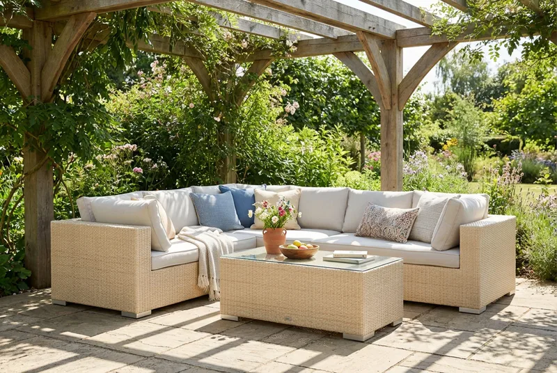 Bahamas L-muotoinen ulkosohva oikea, 6-hengen, pöytä - Hiekka - Puutarhakalusteet - Terassiryhmät - Oleskeluryhmät