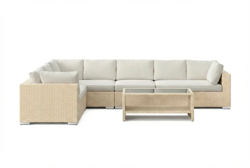 Bahamas L-muotoinen ulkosohva oikea, 7-hengen, pöytä ja hylly - Hiekka - Puutarhakalusteet - Terassiryhmät - Oleskeluryhmät