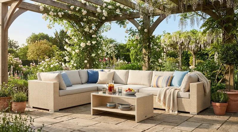 Bahamas L-muotoinen ulkosohva oikea, 7-hengen, pöytä ja hylly - Hiekka - Puutarhakalusteet - Terassiryhmät - Oleskeluryhmät