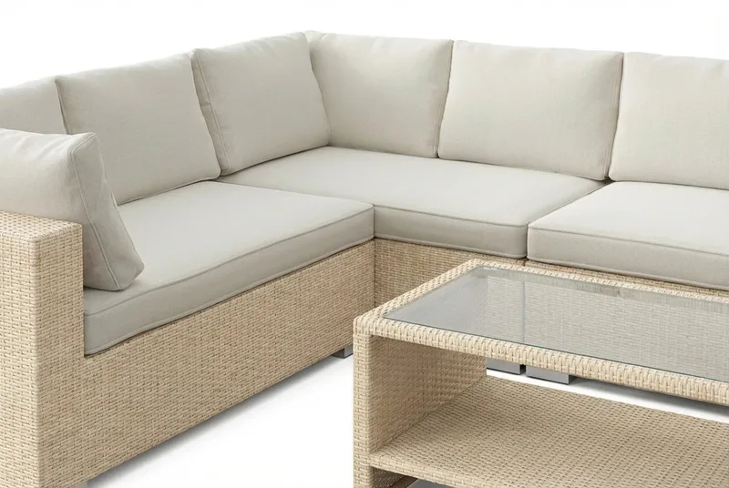 Bahamas L-muotoinen ulkosohva oikea, 7-hengen, pöytä ja hylly - Hiekka - Puutarhakalusteet - Terassiryhmät - Oleskeluryhmät