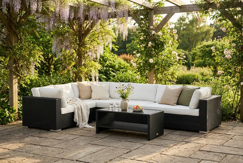 Bahamas L-muotoinen ulkosohva oikea, 7-hengen, pöytä ja hylly - Musta - Puutarhakalusteet - Terassiryhmät - Oleskeluryhmät