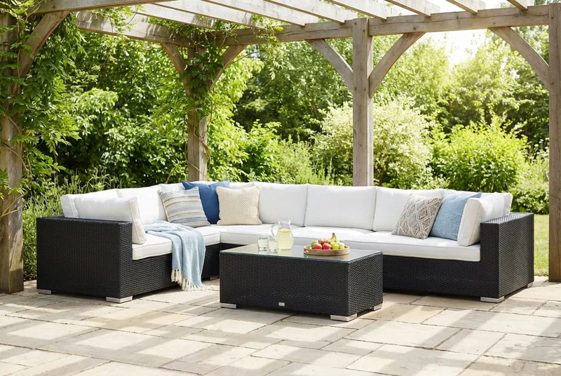 Bahamas L-muotoinen ulkosohva oikea, 7-hengen, pöytä - Musta - Puutarhakalusteet - Terassiryhmät - Oleskeluryhmät
