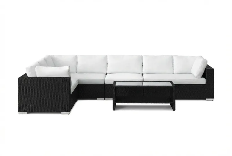 Bahamas L-muotoinen ulkosohva oikea, 7-hengen, pöytä ja hylly - Musta - Puutarhakalusteet - Terassiryhmät - Oleskeluryhmät