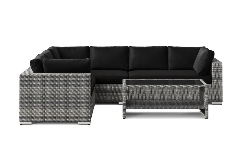 Bahamas L-muotoinen ulkosohva vasen, 6-hengen, pöytä ja hylly - Harmaa - Puutarhakalusteet - Terassiryhmät - Oleskeluryhmät