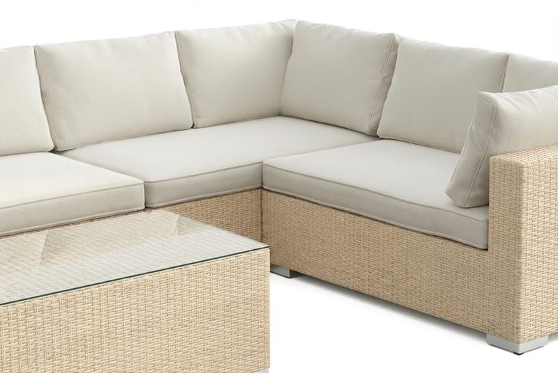 Bahamas L-muotoinen ulkosohva vasen, 7-hengen, pöytä - Hiekka - Puutarhakalusteet - Terassiryhmät - Oleskeluryhmät