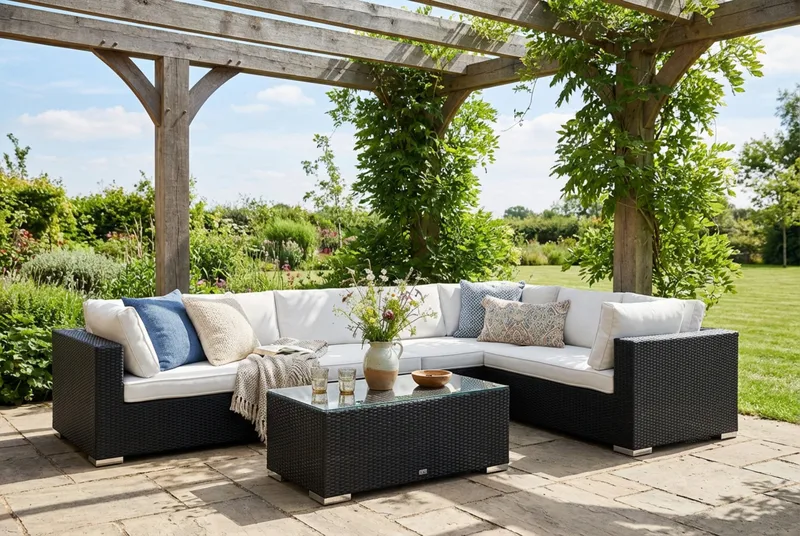 Bahamas L-muotoinen ulkosohva vasen, 7-hengen, pöytä - Musta - Puutarhakalusteet - Terassiryhmät - Oleskeluryhmät