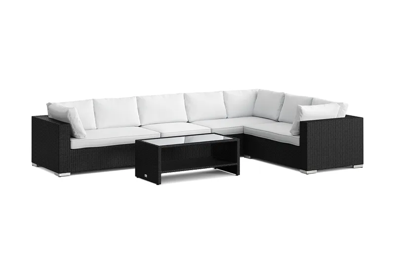 Bahamas L-muotoinen ulkosohva vasen, 7-hengen, pöytä ja hylly, Musta
