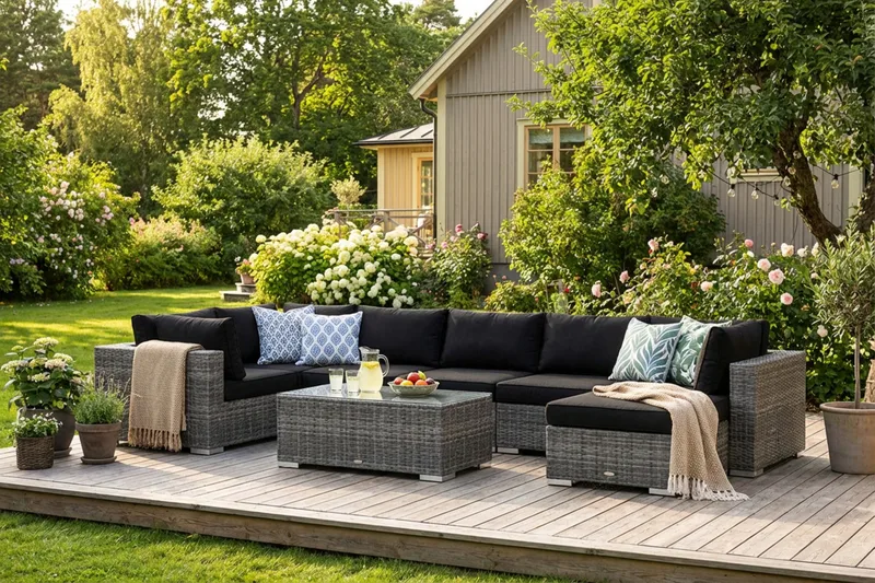Bahamas U-muotoinen ulkolounge-ryhmä 7-hengen, käännettävä divaani ja pöytä - Harmaa - Puutarhakalusteet - Terassiryhmät - Oleskeluryhmät