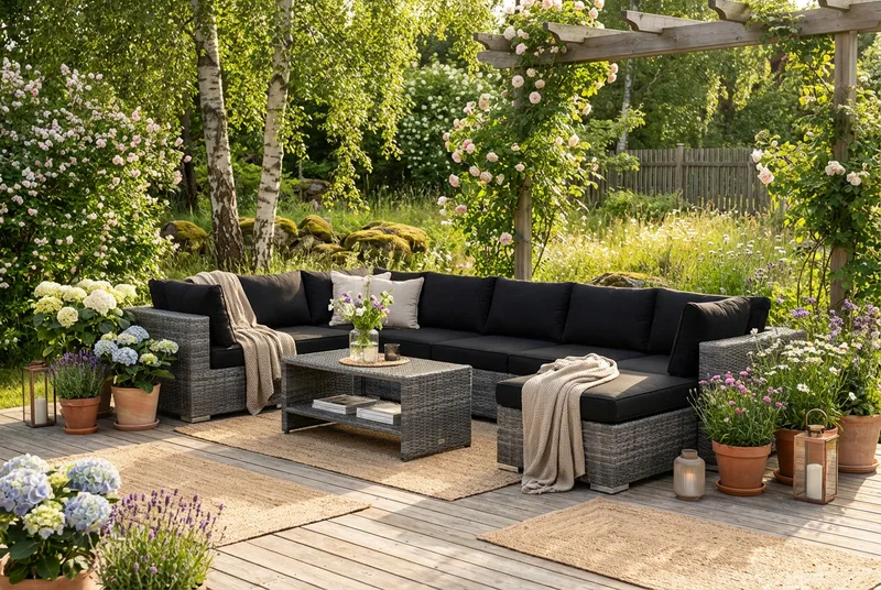 Bahamas U-muotoinen ulkolounge-ryhmä 7-hengen, käännettävä divaani ja pöytä hyllyllä - Harmaa - Puutarhakalusteet - Terassiryhmät - Oleskeluryhmät