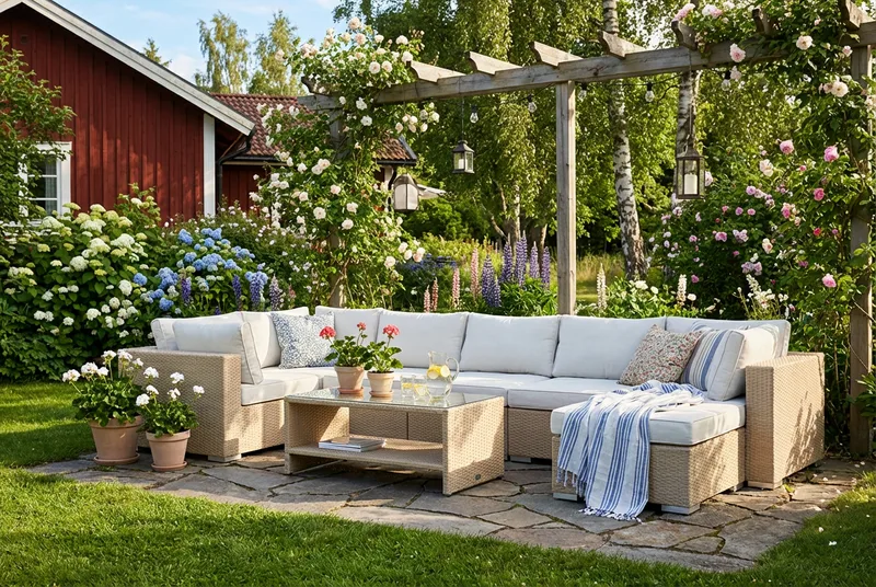 Bahamas U-muotoinen ulkolounge-ryhmä 7-hengen, käännettävä divaani ja pöytä hyllyllä - Hiekka - Puutarhakalusteet - Terassiryhmät - Oleskeluryhmät