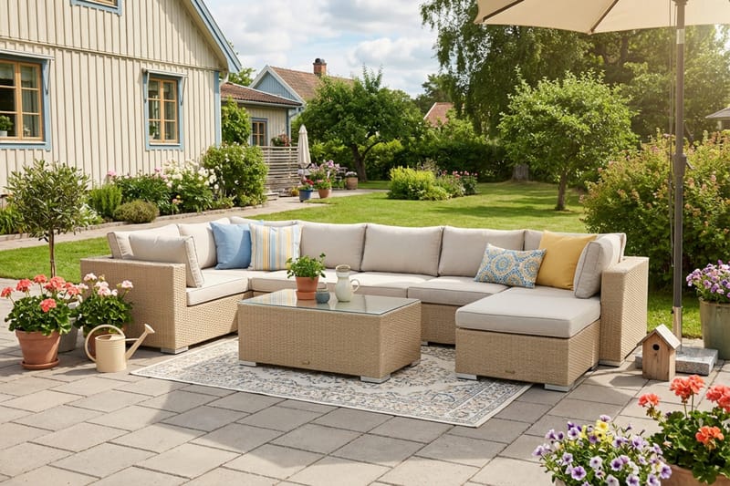 Bahamas U-muotoinen ulkolounge-ryhmä 7-hengen, käännettävä divaani ja pöytä - Hiekka - Puutarhakalusteet - Terassiryhmät - Oleskeluryhmät