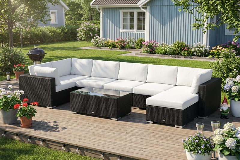 Bahamas U-muotoinen ulkolounge-ryhmä 7-hengen, käännettävä divaani ja pöytä - Musta - Puutarhakalusteet - Terassiryhmät - Oleskeluryhmät