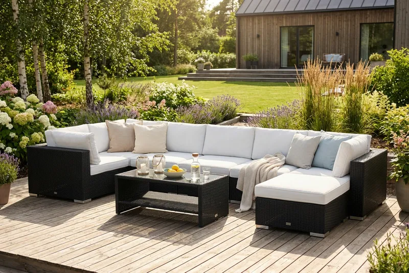 Bahamas U-muotoinen ulkolounge-ryhmä 7-hengen, käännettävä divaani ja pöytä hyllyllä - Musta - Puutarhakalusteet - Terassiryhmät - Oleskeluryhmät