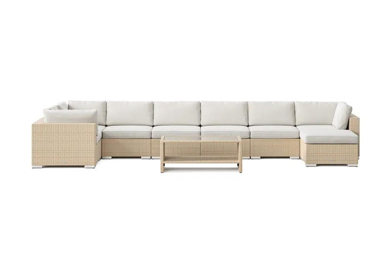 Bahamas U-muotoinen ulkolounge-ryhmä 8-hengen, käännettävä divaani ja pöytä hyllyllä - Hiekka - Puutarhakalusteet - Terassiryhmät - Oleskeluryhmät