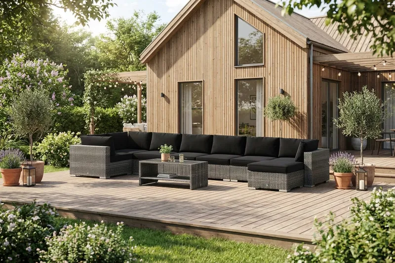 Bahamas U-muotoinen ulkolounge-ryhmä 8-hengen, käännettävä divaani ja pöytä hyllyllä - Harmaa - Puutarhakalusteet - Terassiryhmät - Oleskeluryhmät