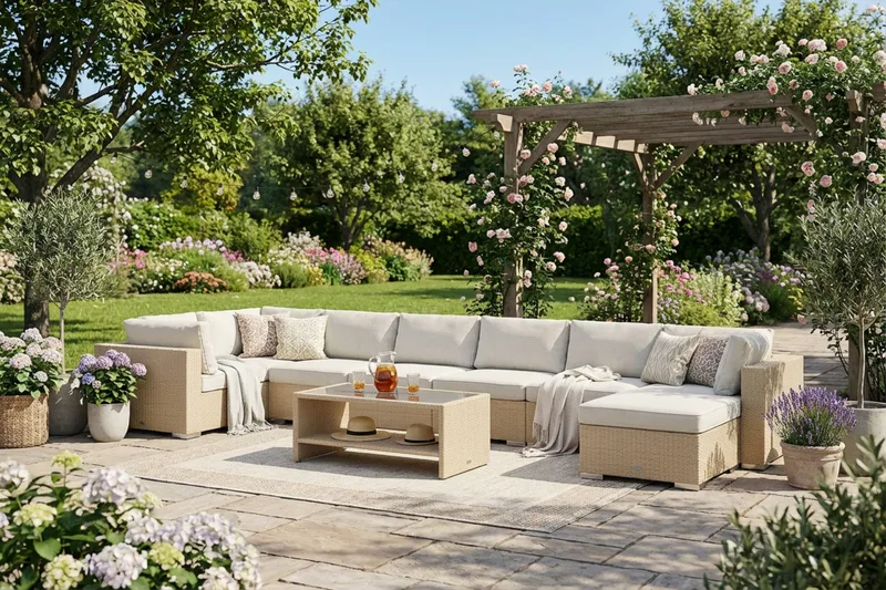 Bahamas U-muotoinen ulkolounge-ryhmä 8-hengen, käännettävä divaani ja pöytä hyllyllä - Hiekka - Puutarhakalusteet - Terassiryhmät - Oleskeluryhmät