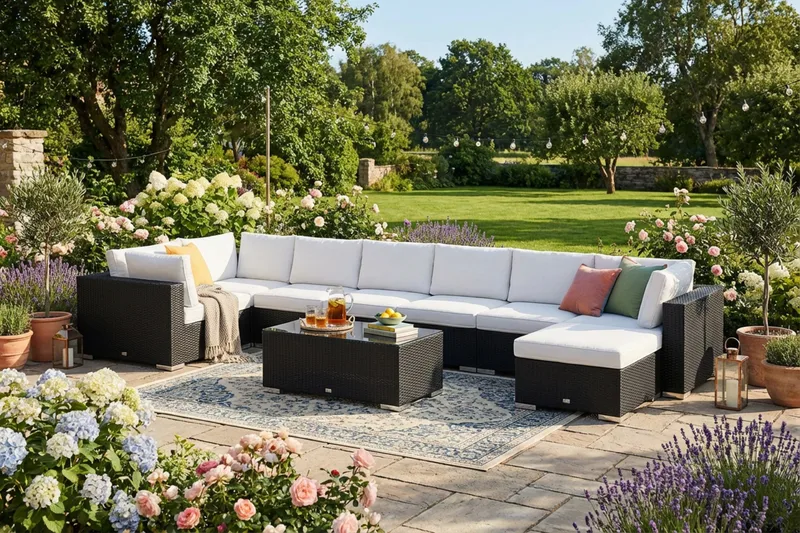 Bahamas U-muotoinen ulkolounge-ryhmä 8-hengen, käännettävä divaani ja pöytä - Musta - Puutarhakalusteet - Terassiryhmät - Oleskeluryhmät