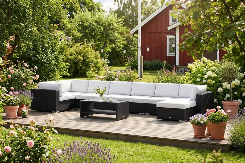 Bahamas U-muotoinen ulkolounge-ryhmä 8-hengen, käännettävä divaani ja pöytä hyllyllä - Musta - Puutarhakalusteet - Terassiryhmät - Oleskeluryhmät