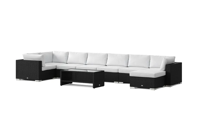 Bahamas U-muotoinen ulkolounge-ryhmä 8-hengen, käännettävä divaani ja pöytä hyllyllä, Musta