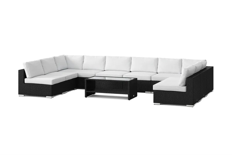 Bahamas U-muotoinen ulkolounge-ryhmä avoimella päädyllä, 9-hengen, pöytä ja hylly, Musta