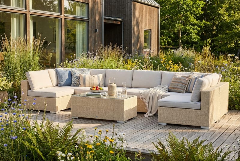 Bahamas U-muotoinen ulkolounge-ryhmä avoimella päädyllä, 8-hengen, pöytä - Hiekka - Puutarhakalusteet - Terassiryhmät - Oleskeluryhmät