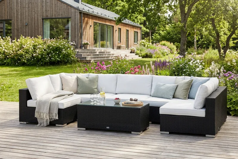 Bahamas U-muotoinen ulkolounge-ryhmä avoimella päädyllä, 7-hengen, pöytä - Musta - Puutarhakalusteet - Terassiryhmät - Oleskeluryhmät