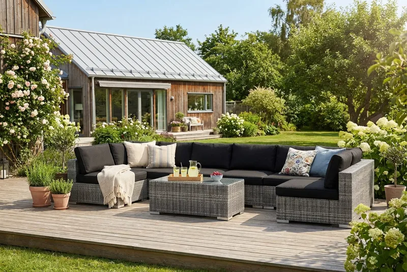 Bahamas U-muotoinen ulkolounge-ryhmä avoimella päädyllä, 8-hengen, pöytä - Harmaa - Puutarhakalusteet - Terassiryhmät - Oleskeluryhmät