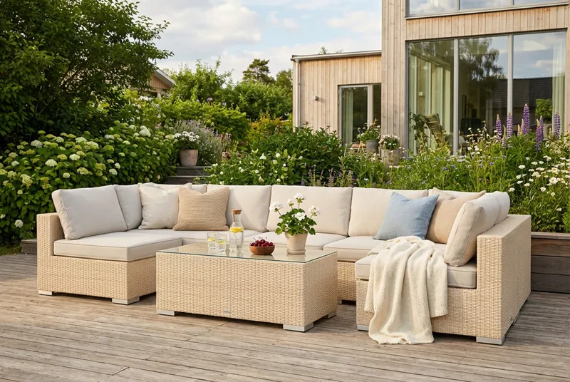 Bahamas U-muotoinen ulkolounge-ryhmä avoimella päädyllä, 7-hengen, pöytä - Hiekka - Puutarhakalusteet - Terassiryhmät - Oleskeluryhmät