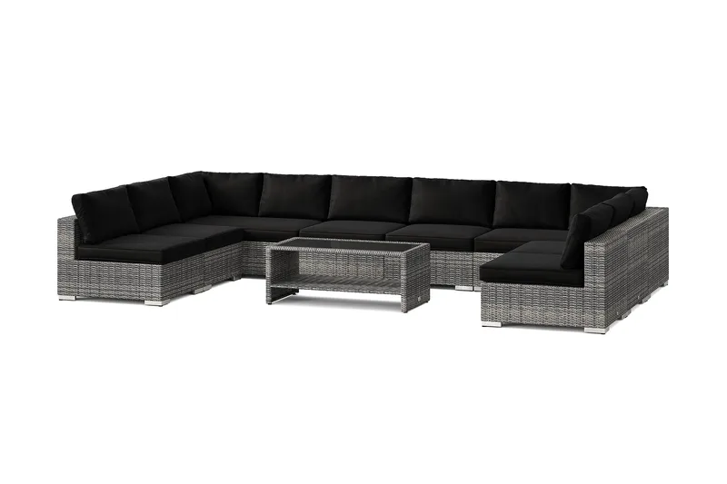 Bahamas U-muotoinen ulkolounge-ryhmä avoimella päädyllä, 9-hengen, pöytä ja hylly - Harmaa - Puutarhakalusteet - Terassiryhmät - Oleskeluryhmät