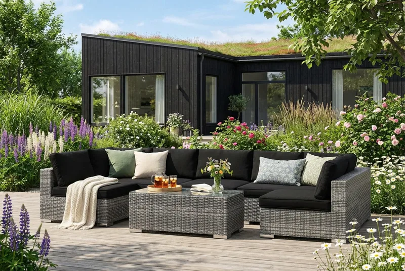 Bahamas U-muotoinen ulkolounge-ryhmä avoimella päädyllä, 7-hengen, pöytä - Harmaa - Puutarhakalusteet - Terassiryhmät - Oleskeluryhmät