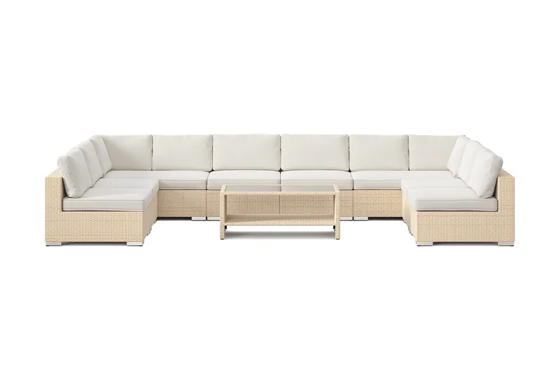 Bahamas U-muotoinen ulkolounge-ryhmä avoimella päädyllä, 9-hengen, pöytä ja hylly - Hiekka - Puutarhakalusteet - Terassiryhmät - Oleskeluryhmät