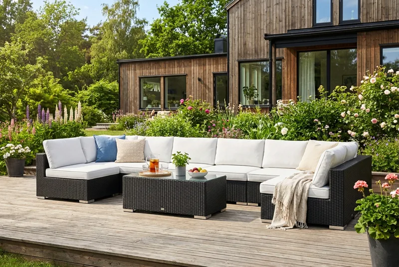 Bahamas U-muotoinen ulkolounge-ryhmä avoimella päädyllä, 8-hengen, pöytä - Musta - Puutarhakalusteet - Terassiryhmät - Oleskeluryhmät