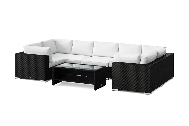 Bahamas U-muotoinen ulkolounge-ryhmä suljetulla päädyllä, 7-hengen, pöytä ja hylly, Musta