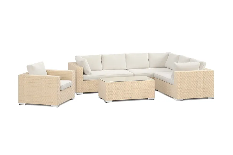 Bahamas ulko-L-sohva vasen 7-hengen, nojatuoli ja pöytä, Hiekka