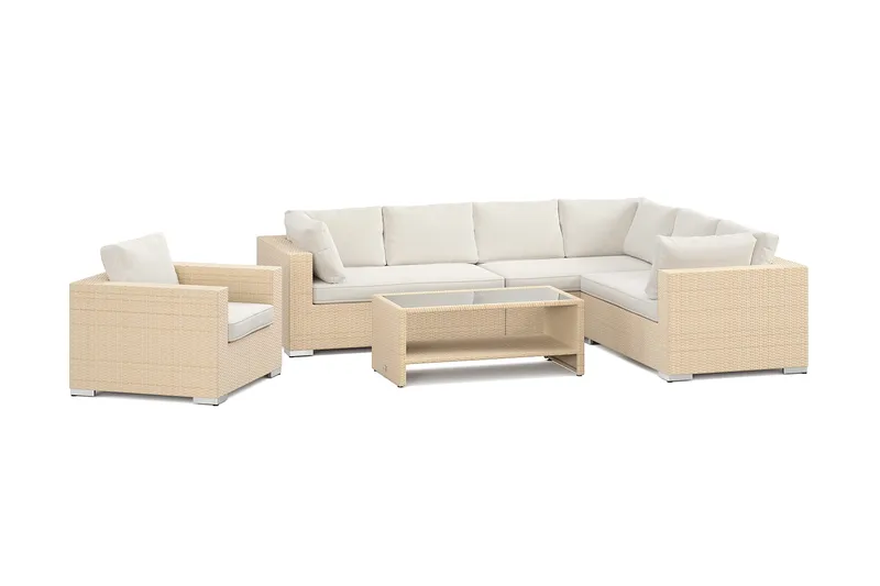 Bahamas ulko-L-sohva vasen 7-hengen, nojatuoli ja pöytä hyllyllä, Hiekka