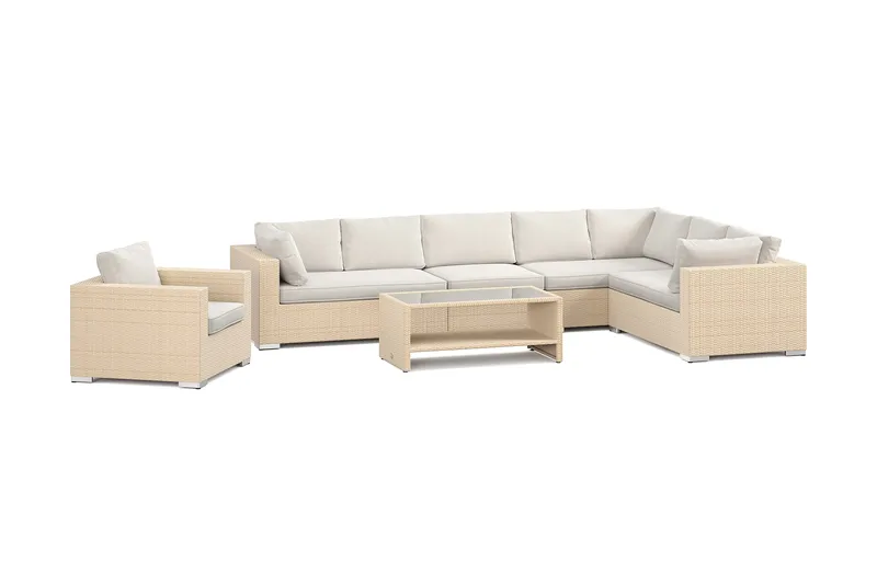 Bahamas ulko-L-sohva vasen 8-hengen, nojatuoli ja pöytä hyllyllä, Hiekka
