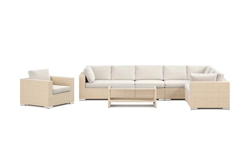 Bahamas ulko-L-sohva vasen 8-hengen, nojatuoli ja pöytä hyllyllä - Hiekka - Puutarhakalusteet - Terassiryhmät - Oleskeluryhmät