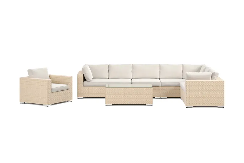 Bahamas ulko-L-sohva vasen 8-hengen, nojatuoli ja pöytä - Hiekka - Puutarhakalusteet - Terassiryhmät - Oleskeluryhmät
