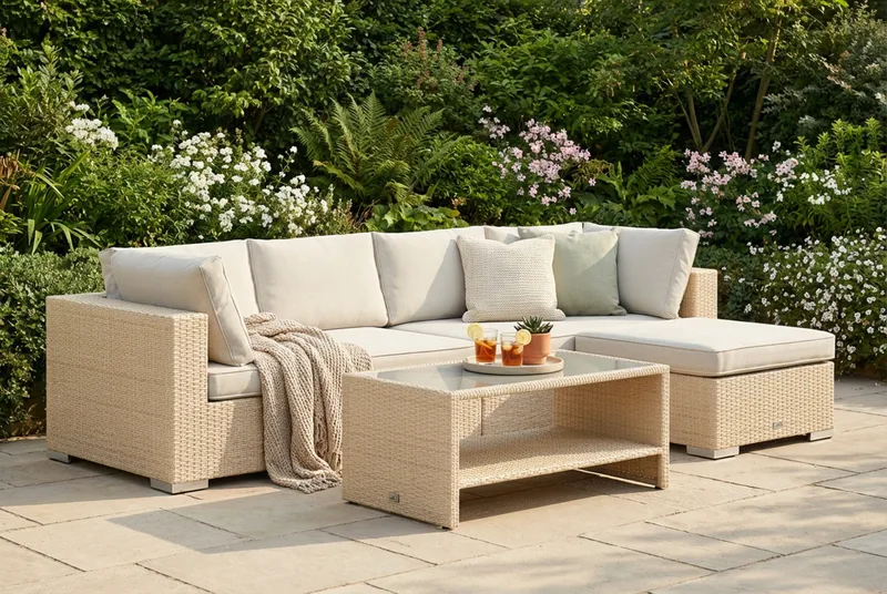 Bahamas ulkodivaanisohva 5-hengen, käännettävä divaani ja pöytä hyllyllä - Hiekka - Puutarhakalusteet - Terassiryhmät - Oleskeluryhmät