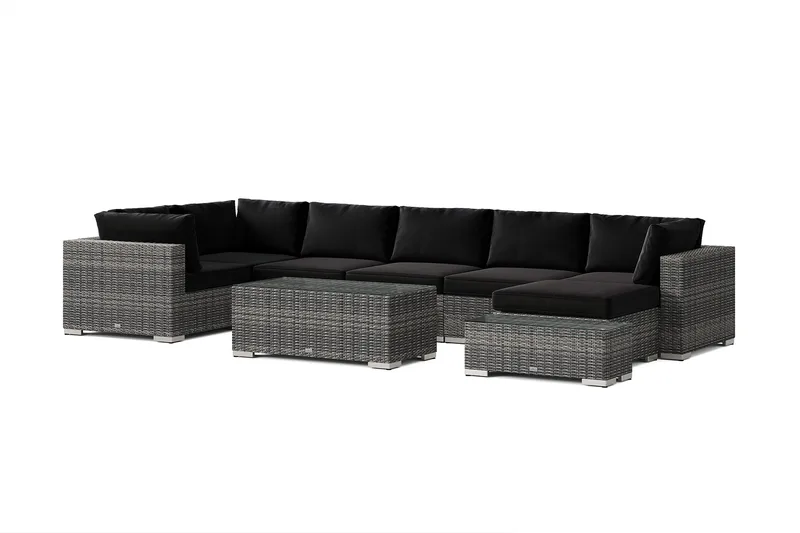 Bahamas ulkokäyttöön U-sohva 7-istuttava, käännettävä divaani, avoin pääty ja pöytä - Harmaa - Puutarhakalusteet - Terassiryhmät - Oleskeluryhmät