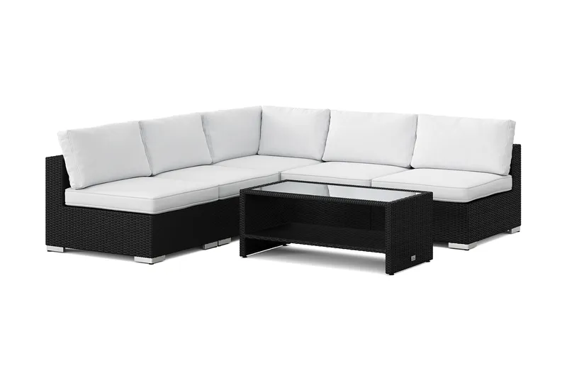 Bahamas ulkokulmasohva 5-hengen, käännettävä, avoin pääty ja pöytä hyllyllä, Musta
