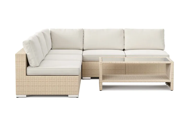 Bahamas ulkokulmasohva 5-hengen, käännettävä, avoin pääty ja pöytä hyllyllä - Hiekka - Puutarhakalusteet - Terassiryhmät - Oleskeluryhmät