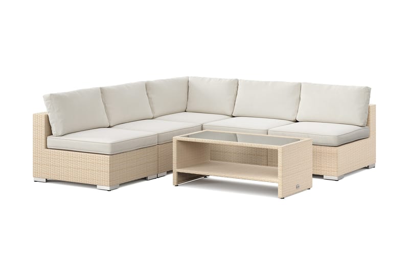 Bahamas ulkokulmasohva 5-hengen, käännettävä, avoin pääty ja pöytä hyllyllä, Hiekka