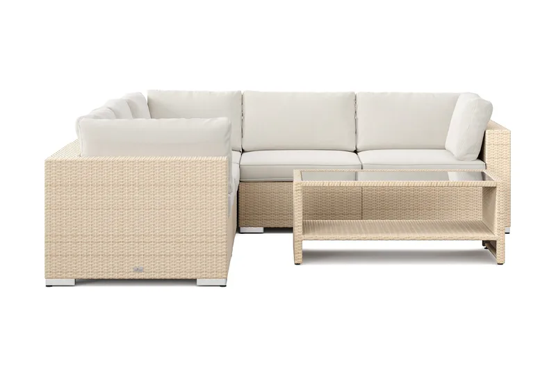 Bahamas ulkokulmasohva 5-hengen, käännettävä ja pöytä hyllyllä - Hiekka - Puutarhakalusteet - Terassiryhmät - Oleskeluryhmät
